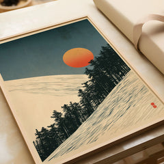 Ski Slope Art Print – Vintage Winter Sunset Wall Art — framed art print closeup gift unwrapped natural frame