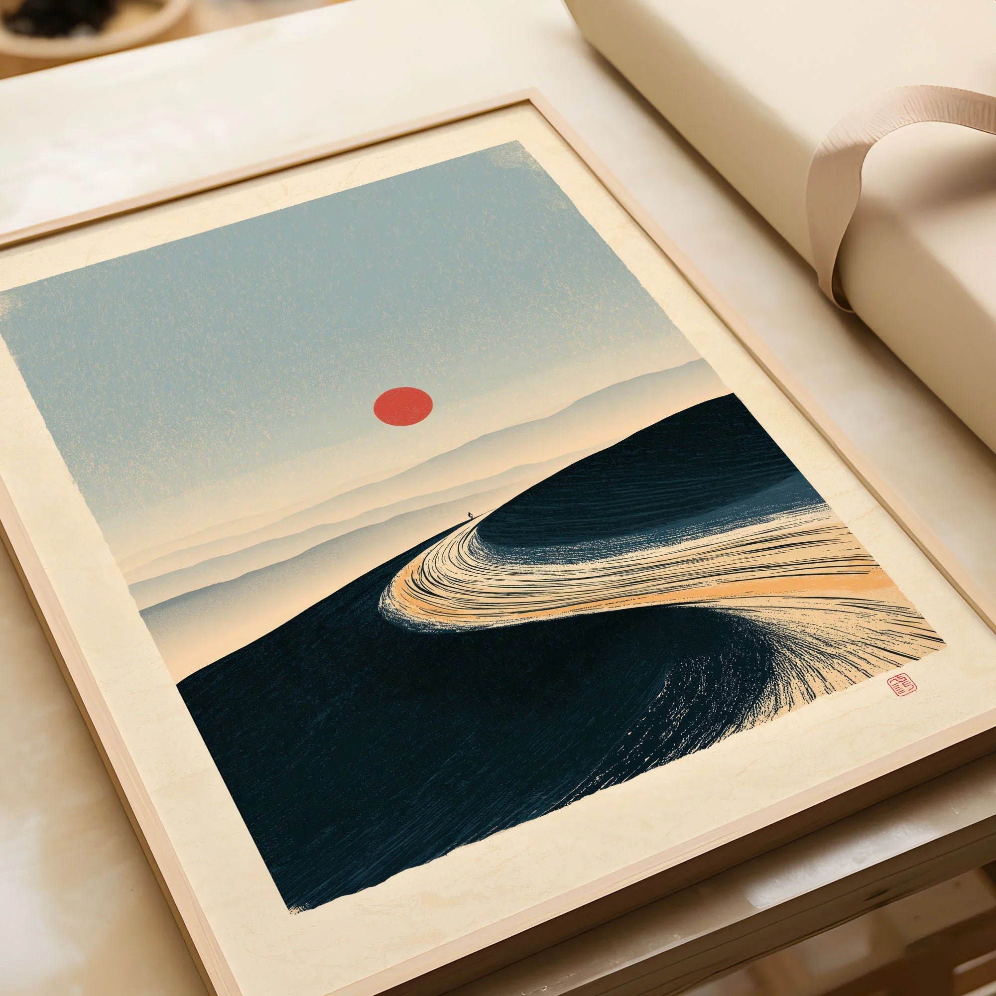 Minimalist Ski Poster – Japanese Red Sun Snow Wall Art — framed art print closeup gift unwrapped natural frame