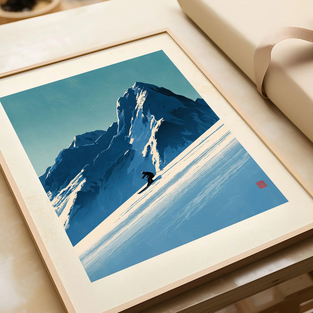 Ski Poster – Vintage Japanese Alpine Skiing Wall Art — framed art print closeup gift unwrapped natural frame
