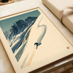 Downhill Skier Art Print – Vintage Ski Poster Wall Art — framed art print closeup gift unwrapped natural frame