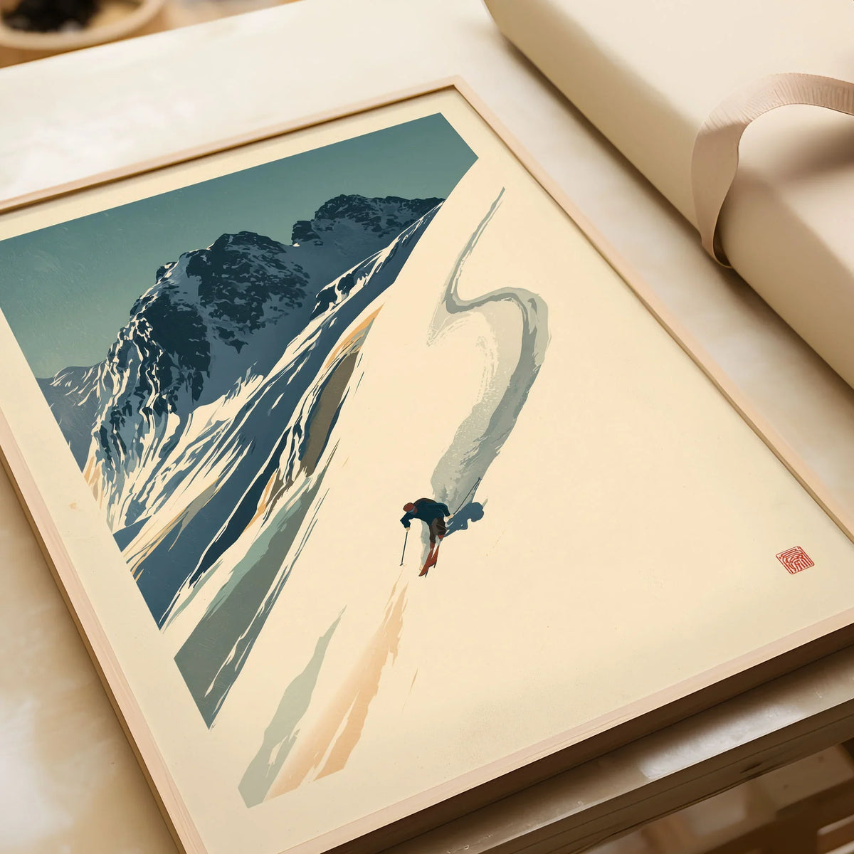 Downhill Skier Art Print – Vintage Ski Poster Wall Art — framed art print closeup gift unwrapped natural frame
