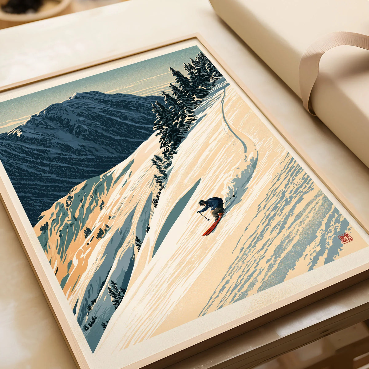Powder Skiing Poster – Vintage Alpine Ski Wall Art — framed art print closeup gift unwrapped natural frame