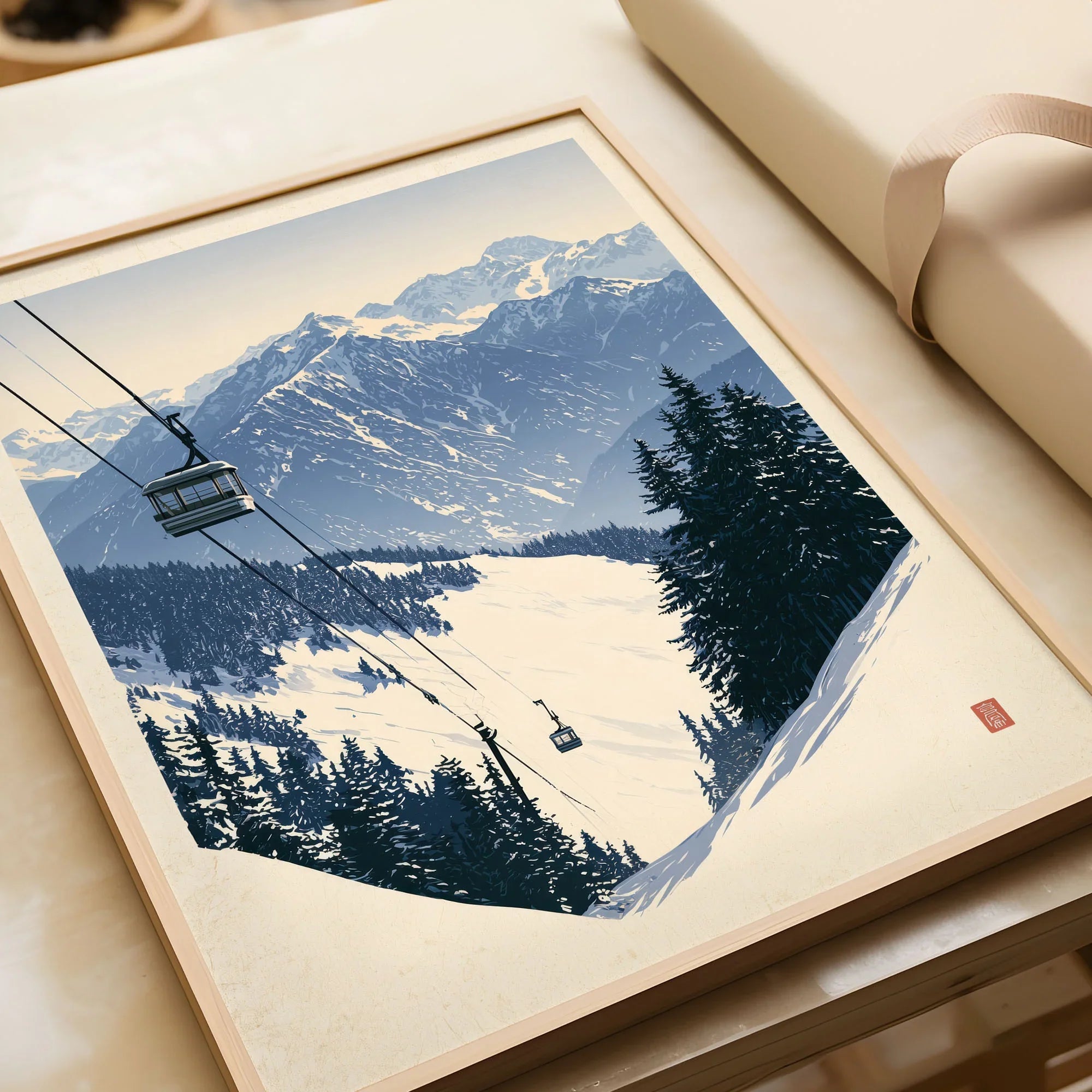 Ski Gondola Poster – Vintage Alpine Cable Car Wall Art — framed art print closeup gift unwrapped natural frame