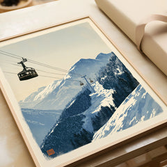 Ski Lift Art Print – Vintage Alpine Gondola Wall Art — framed art print closeup gift unwrapped natural frame
