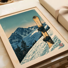 Vintage Snowboard Poster – Alpine Mountain Wall Art — framed art print closeup gift unwrapped natural frame
