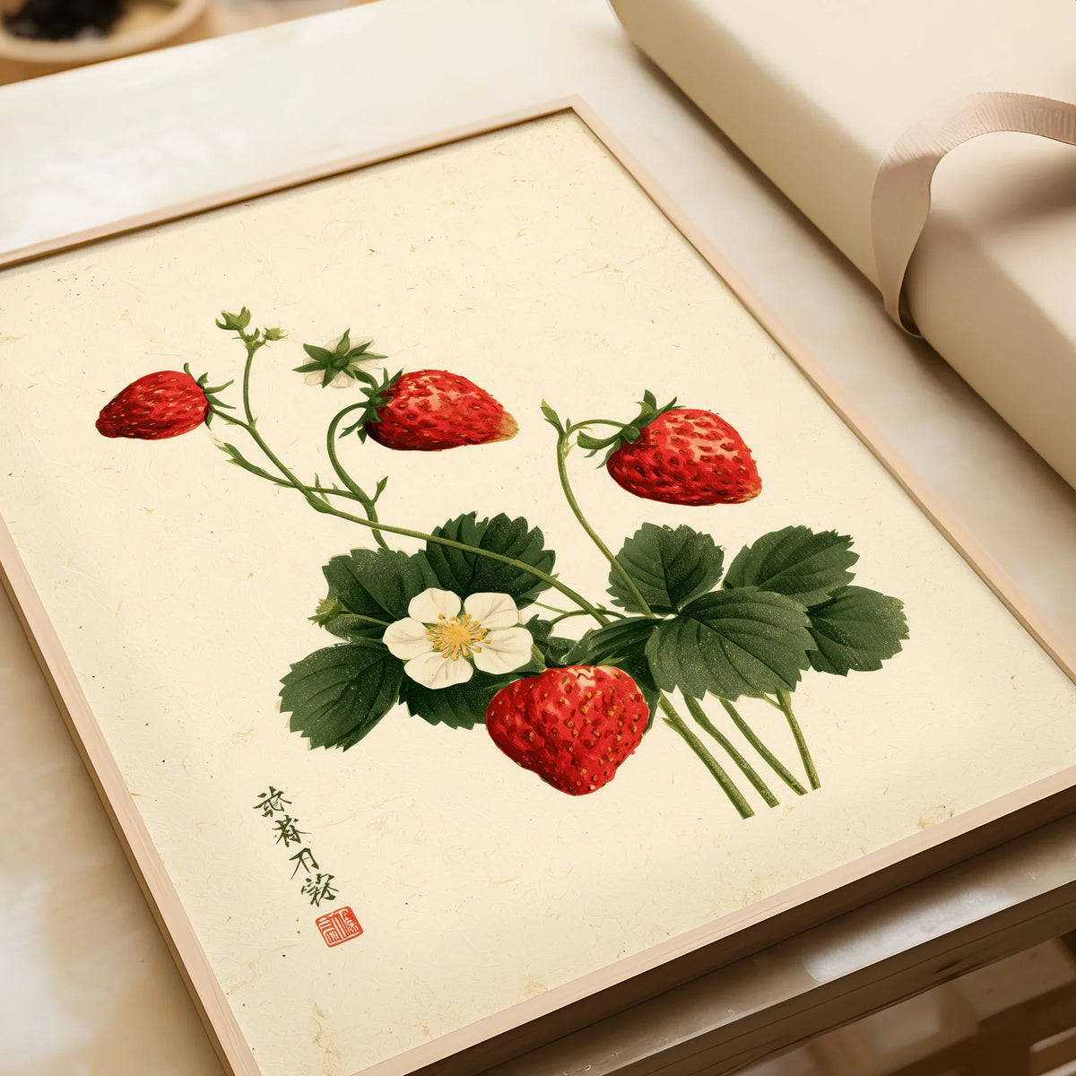 Strawberry Art Print – Vintage Japanese Botanical Wall Art — framed art print closeup gift unwrapped natural frame