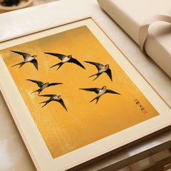 Swallows Art Print – Gold Japanese Bird Wall Art — framed art print closeup gift unwrapped natural frame
