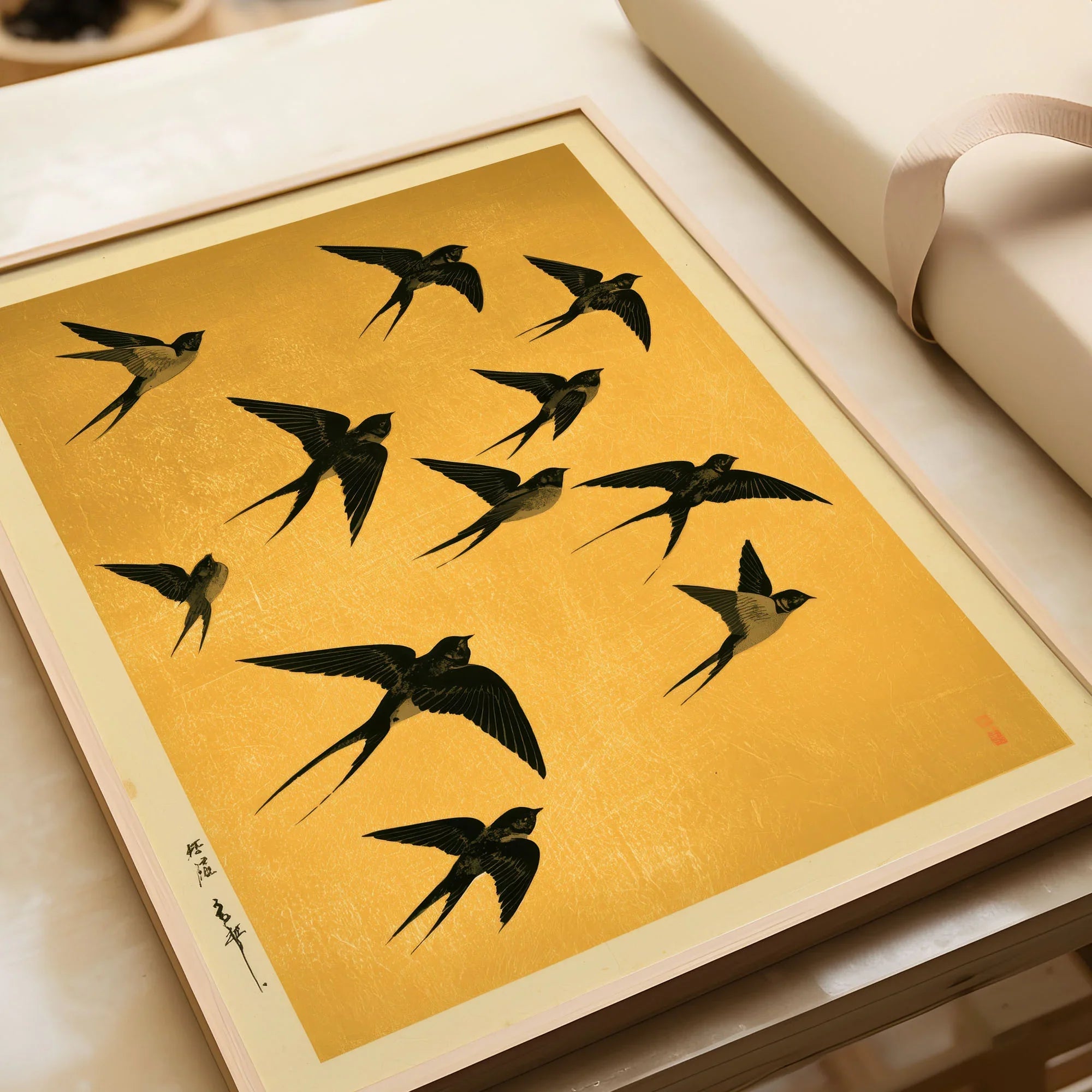 Flying Swallows Wall Art – Vintage Japanese Gold Print — framed art print closeup gift unwrapped natural frame