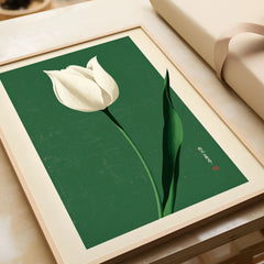 White Tulip Art Print – Green Japanese Botanical Wall Art — framed art print closeup gift unwrapped natural frame