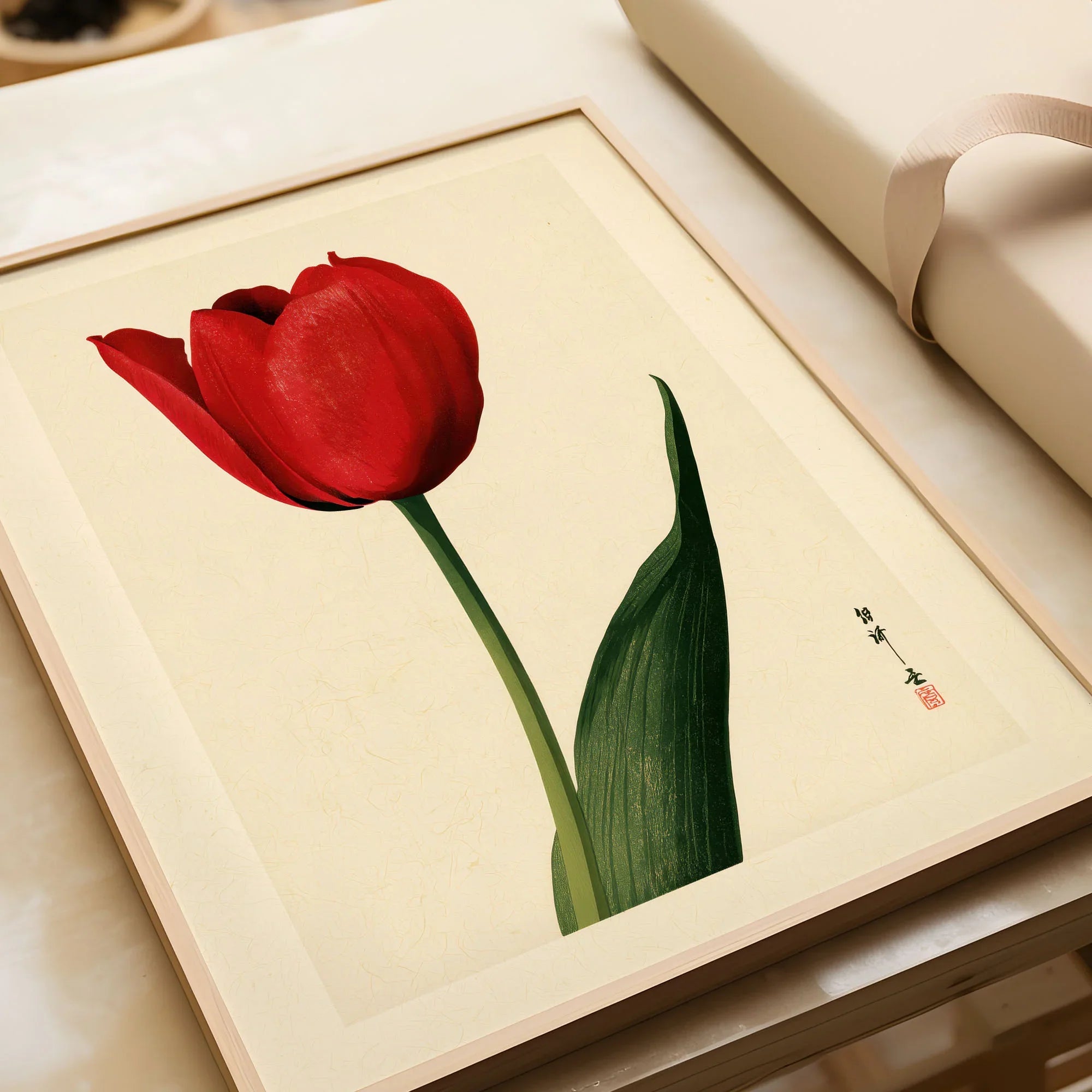 Red Tulip Art Print – Vintage Japanese Botanical Wall Art — framed art print closeup gift unwrapped natural frame