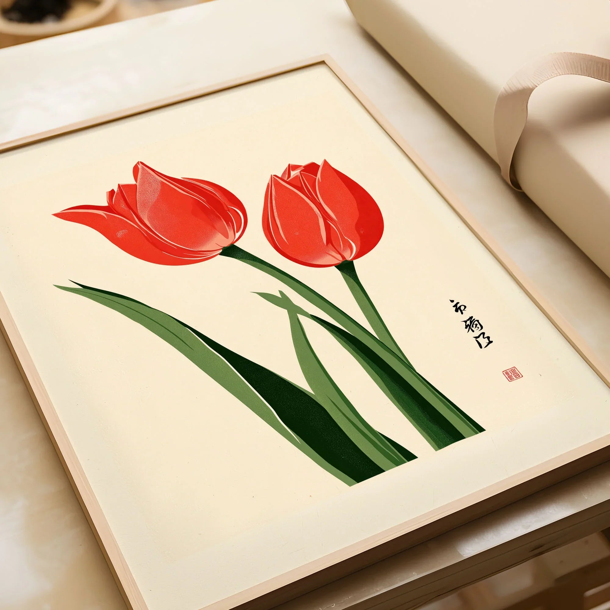 Tulip Art Print – Vintage Japanese Flower Wall Art — framed art print closeup gift unwrapped natural frame