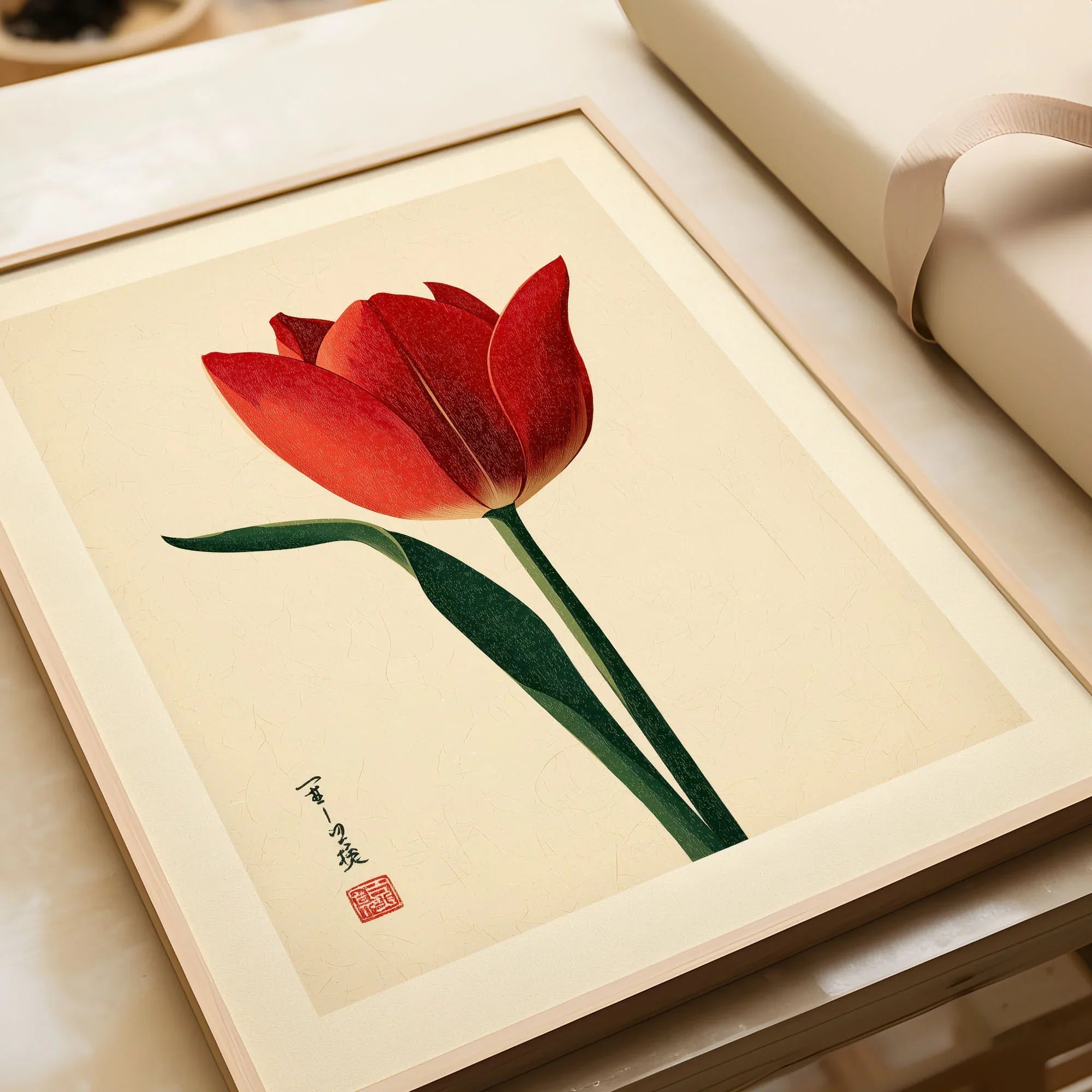 Deep Red Tulip Wall Art – Japanese Botanical Print — framed art print closeup gift unwrapped natural frame