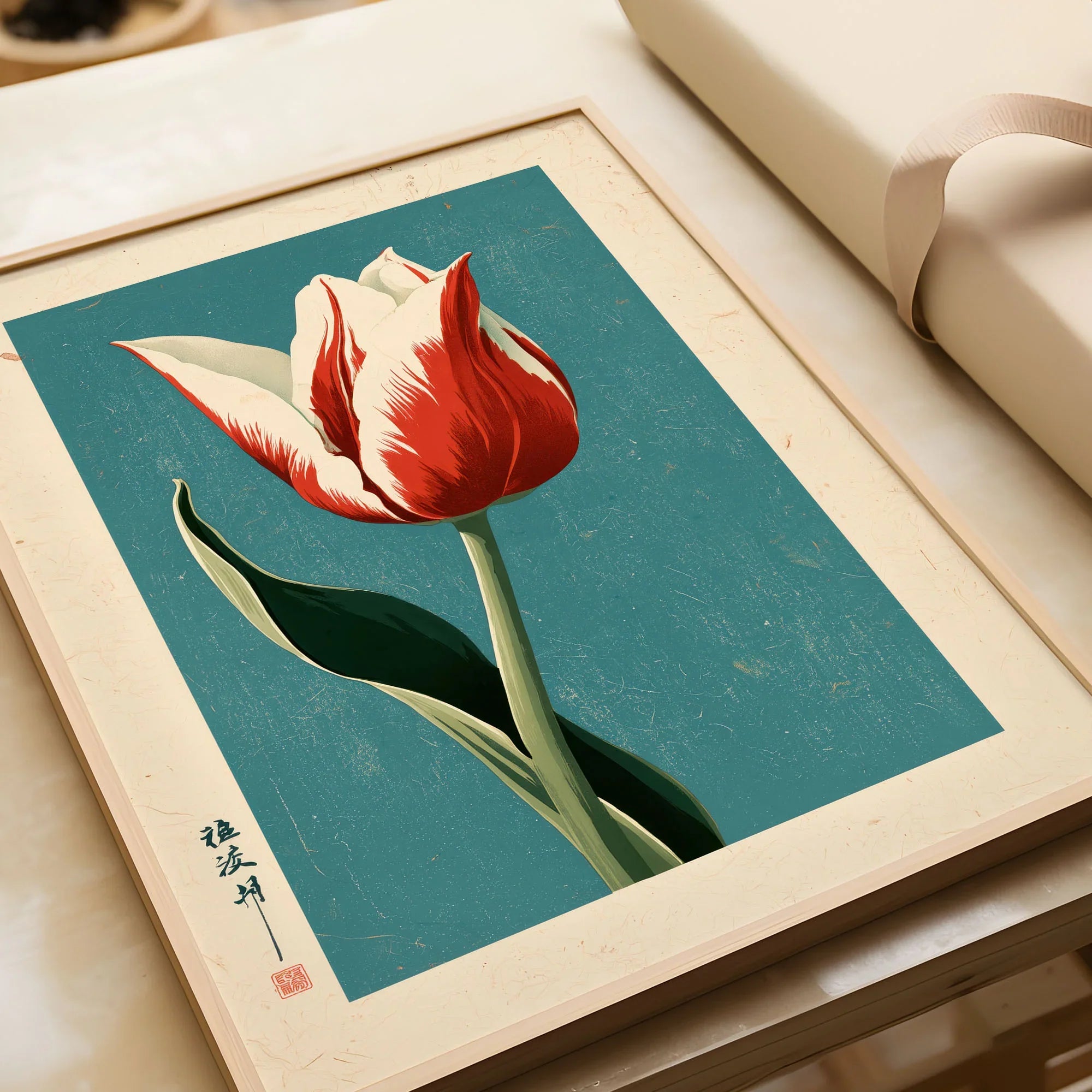 Striped Tulip Art Print – Blue Japanese Botanical Wall Art — framed art print closeup gift unwrapped natural frame