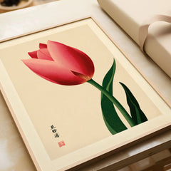 Pink Tulip Art Print – Japanese Botanical Wall Art — framed art print closeup gift unwrapped natural frame