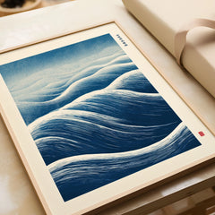 Ocean Wave Art Print – Blue Japanese Woodblock Wall Art — framed art print closeup gift unwrapped natural frame