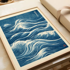 Japanese Waves Wall Art – Vintage Blue Ocean Print — framed art print closeup gift unwrapped natural frame