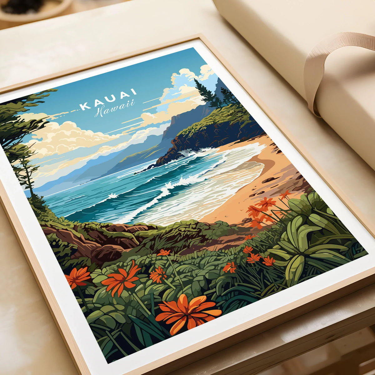 Kauai Print in a natural wood frame beside wrapped gift packaging, close-up detail