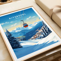 Kitzbuhel Art Print in a natural wood frame beside wrapped gift packaging, close-up detail