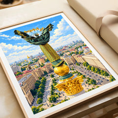 Kyiv Ukraine Independence Monument Travel Poster — the Independence Monument rising above Maidan Nezalezhnosti and the Kyiv skyline, shown as framed art print closeup gift unwrapped natural frame