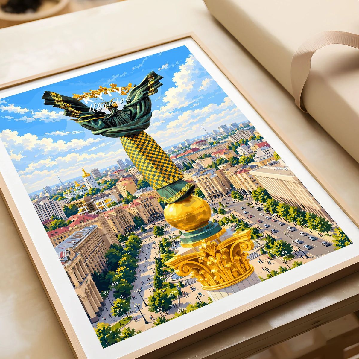 Kyiv Ukraine Independence Monument Travel Poster — the Independence Monument rising above Maidan Nezalezhnosti and the Kyiv skyline, shown as framed art print closeup gift unwrapped natural frame