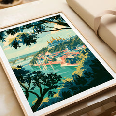 Kyiv Ukraine Golden Domes Travel Poster — golden domes on a wooded bluff above the Dnipro river, shown as framed art print closeup gift unwrapped natural frame