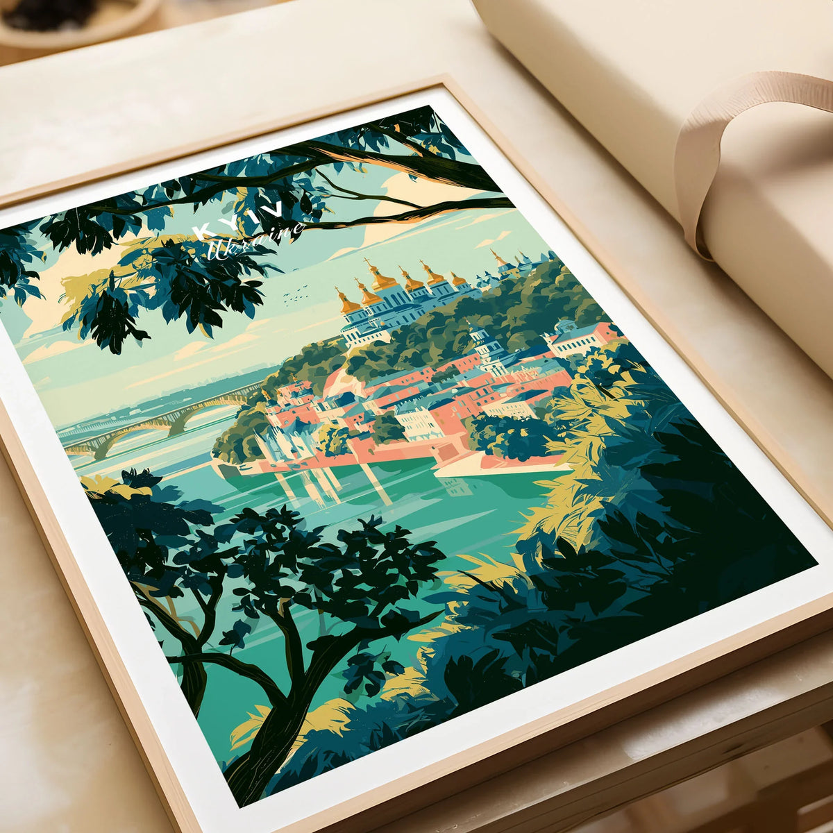 Kyiv Ukraine Golden Domes Travel Poster — golden domes on a wooded bluff above the Dnipro river, shown as framed art print closeup gift unwrapped natural frame