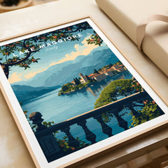 Lake Maggiore Travel Poster in a natural wood frame beside wrapped gift packaging, close-up detail