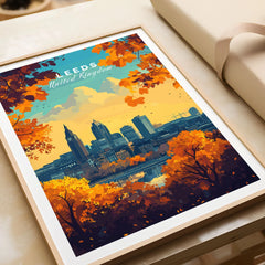 Leeds Wall Art Print - United Kingdom Travel Poster in a natural wood frame beside wrapped gift packaging, close-up detail