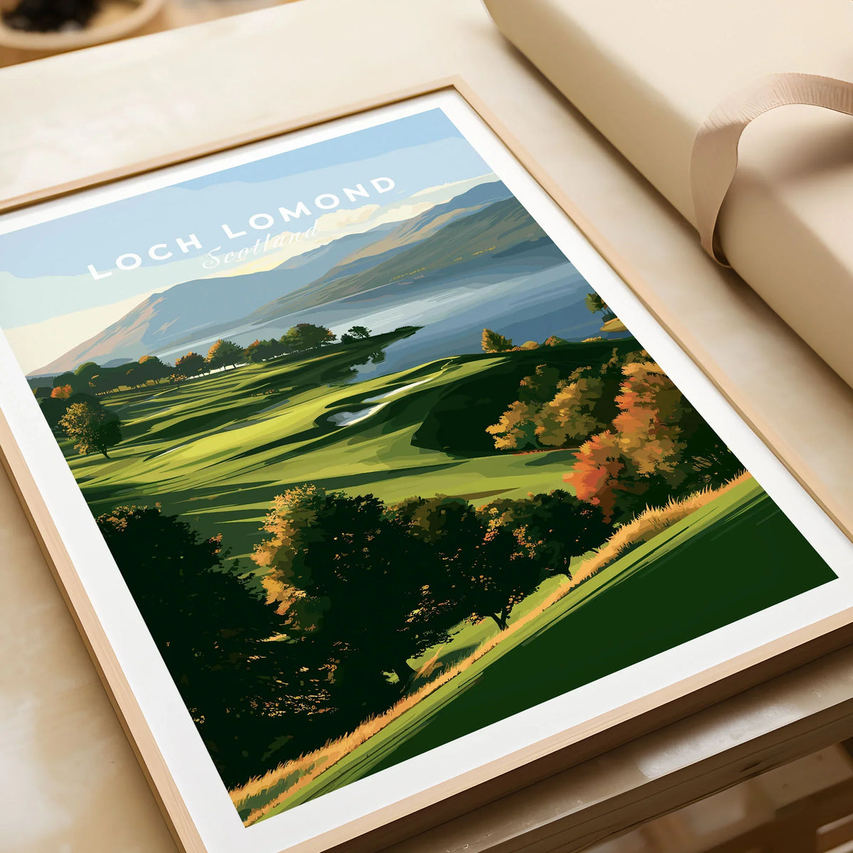 Loch Lomond Scotland Autumn Lochside Travel Poster — autumn slopes rolling down to Loch Lomond with Highland hills beyond, shown as framed art print closeup gift unwrapped natural frame