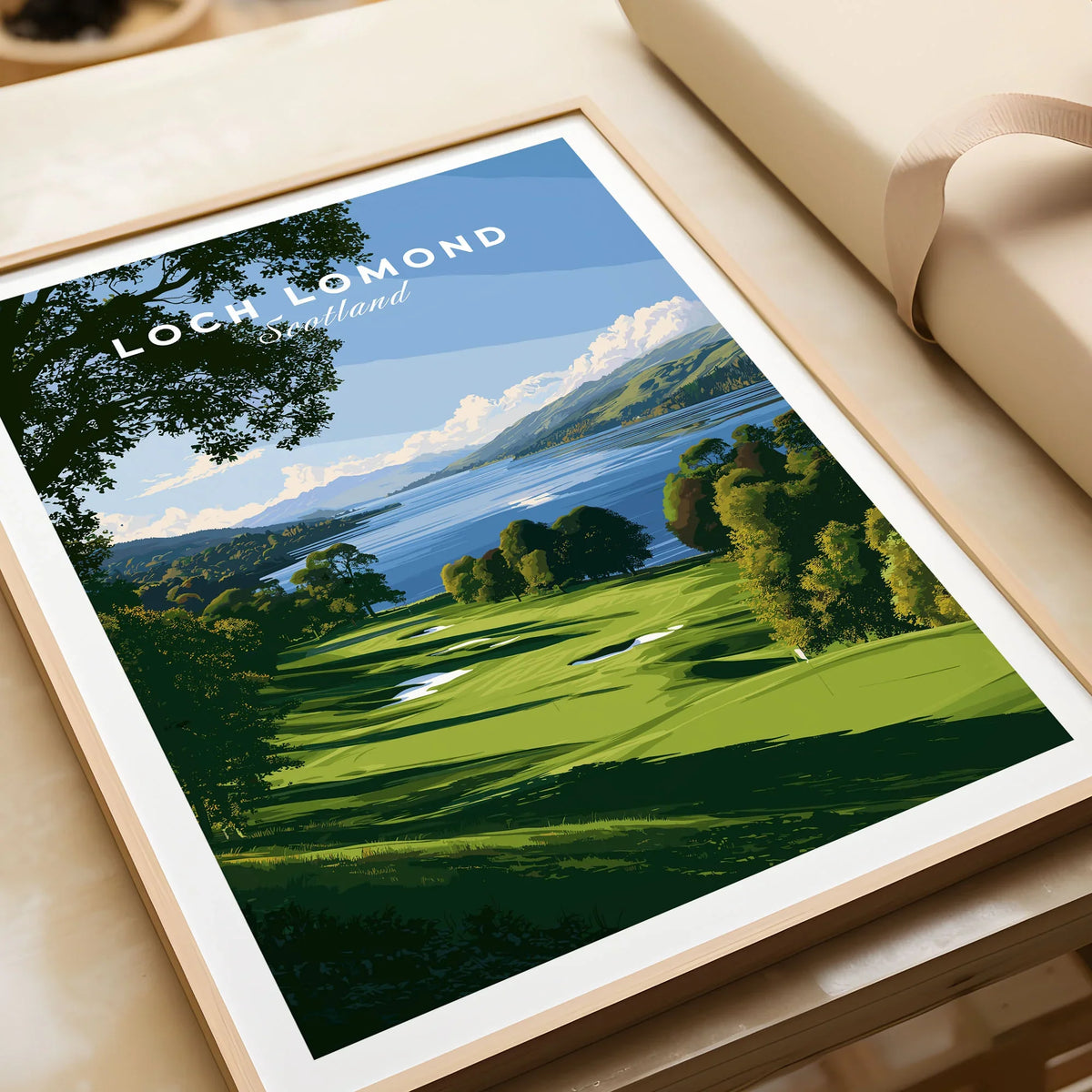 Loch Lomond Scotland Summer Shore Travel Poster — a sunlit grassy shoreline running down to Loch Lomond under old oaks, shown as framed art print closeup gift unwrapped natural frame