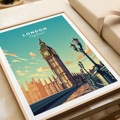 London Poster Big Ben in a natural wood frame beside wrapped gift packaging, close-up detail