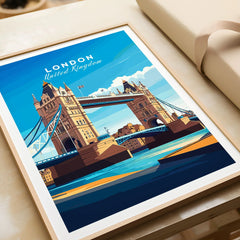 London Print England in a natural wood frame beside wrapped gift packaging, close-up detail
