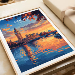 Big Ben London Art Print | Westminster Palace Poster in a natural wood frame beside wrapped gift packaging, close-up detail