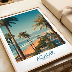 Agadir Morocco Wall Art Canvas in a natural wood frame beside wrapped gift packaging, close-up detail