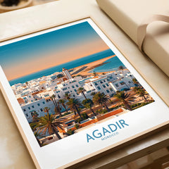 Agadir Morocco Wall Art – Mediterranean Canvas Art in a natural wood frame beside wrapped gift packaging, close-up detail