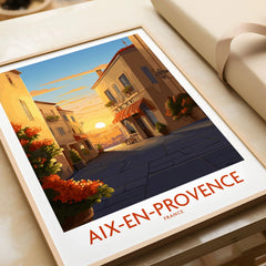 Aix-en-Provence Wall Art in a natural wood frame beside wrapped gift packaging, close-up detail