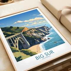 Big Sur Wall Art | Modern Style in a natural wood frame beside wrapped gift packaging, close-up detail
