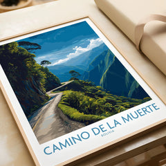 Camino de la Muerte Bolivia Cliff Road Wall Art — the Yungas cliff road curving along a jungle mountainside above the Bolivian Andes, shown as framed art print closeup gift unwrapped natural frame