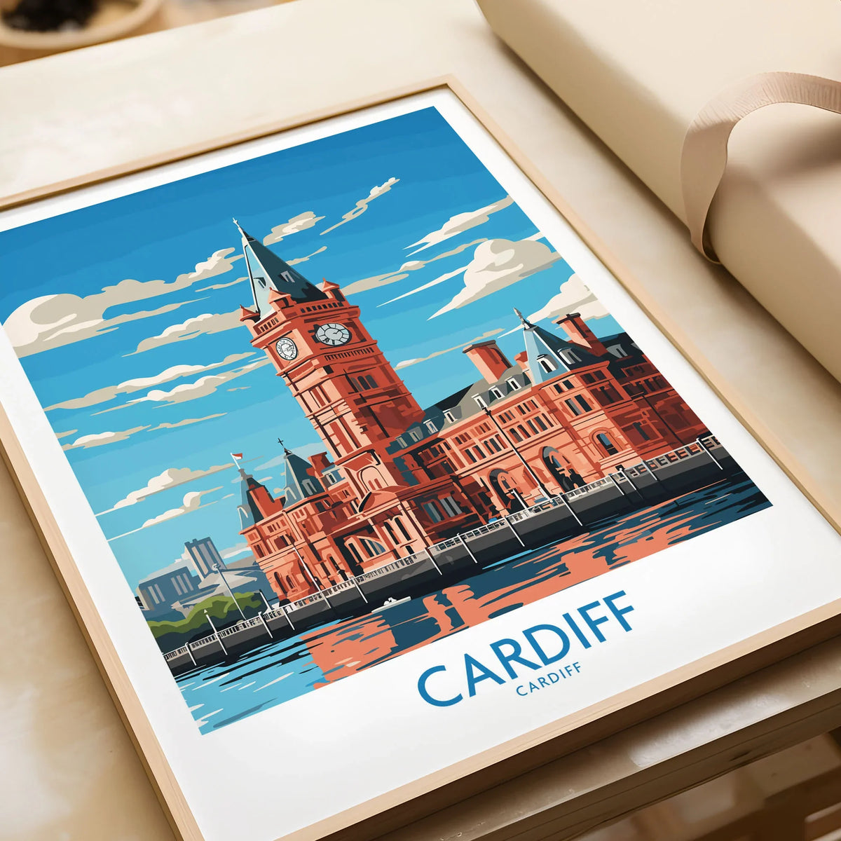 Cardiff Travel Print in a natural wood frame beside wrapped gift packaging, close-up detail