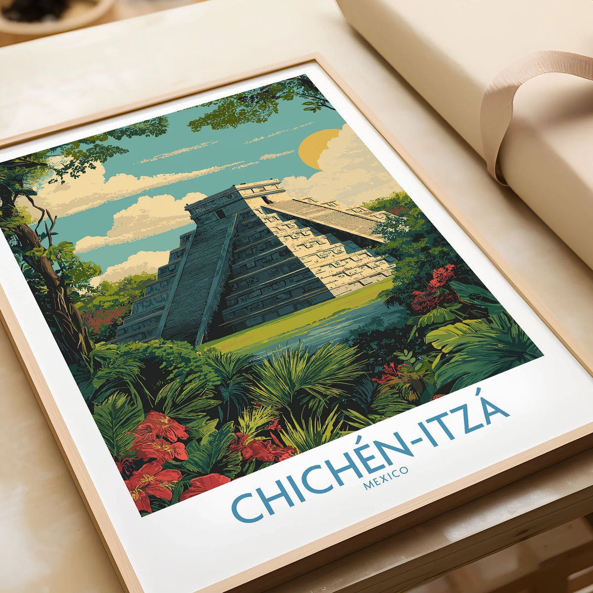 Mexico Chichén Itzá Mayan Pyramid Poster Jungle Ruins Travel Print El Castillo Art in a natural wood frame beside wrapped gift packaging, close-up detail