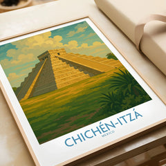 Mexico Mayan Pyramid Chichén Itzá Travel Poster El Castillo Landscape Print Wall Art in a natural wood frame beside wrapped gift packaging, close-up detail