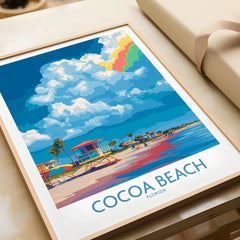 Cocoa Beach Rainbow Cloud Poster - Florida Travel Decor in a natural wood frame beside wrapped gift packaging, close-up detail