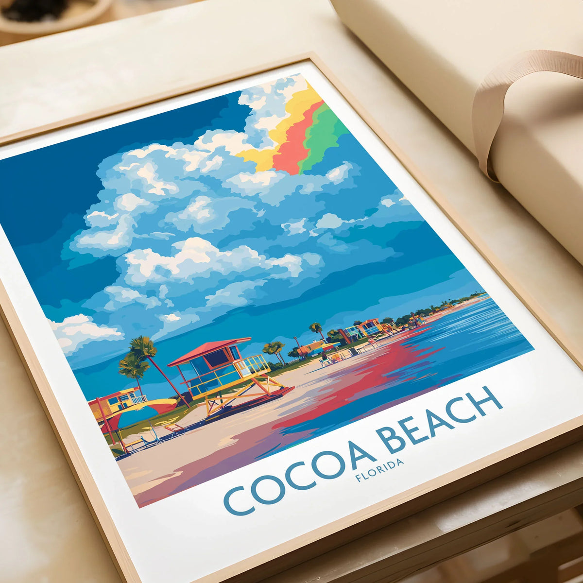 Cocoa Beach Rainbow Cloud Poster - Florida Travel Decor in a natural wood frame beside wrapped gift packaging, close-up detail