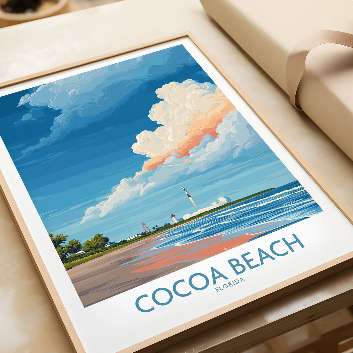 Cocoa Beach Kennedy Space Center Poster - Florida Wall Art Decor in a natural wood frame beside wrapped gift packaging, close-up detail