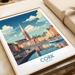 Cork Ireland Poster in a natural wood frame beside wrapped gift packaging, close-up detail
