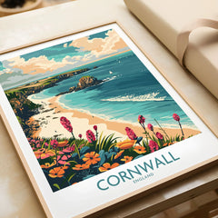 Cornwall Travel Poster - United Kingdom in a natural wood frame beside wrapped gift packaging, close-up detail