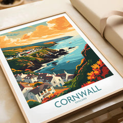 Cornwall Art Print - Modern in a natural wood frame beside wrapped gift packaging, close-up detail