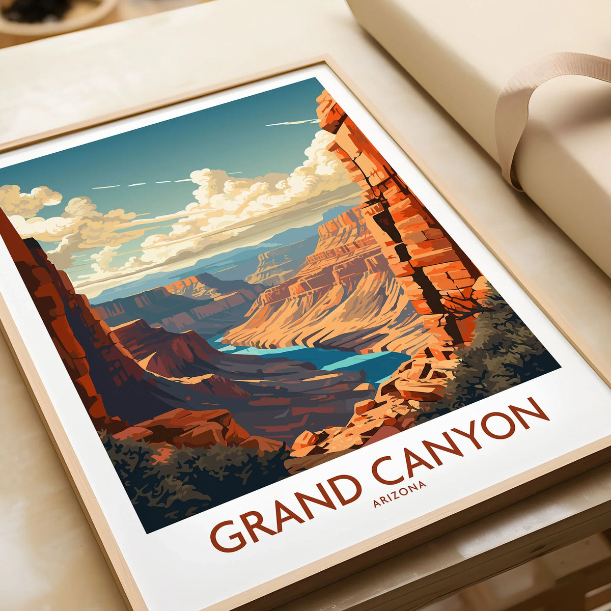 Grand Canyon Wall Art | Modern Style in a natural wood frame beside wrapped gift packaging, close-up detail