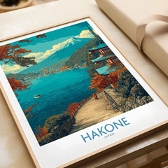 Hakone Japan Lakeside Temple Wall Art - Japanese Nature Travel Decor in a natural wood frame beside wrapped gift packaging, close-up detail