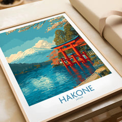 Hakone Wall Art Japan Red Torii Gate Poster in a natural wood frame beside wrapped gift packaging, close-up detail